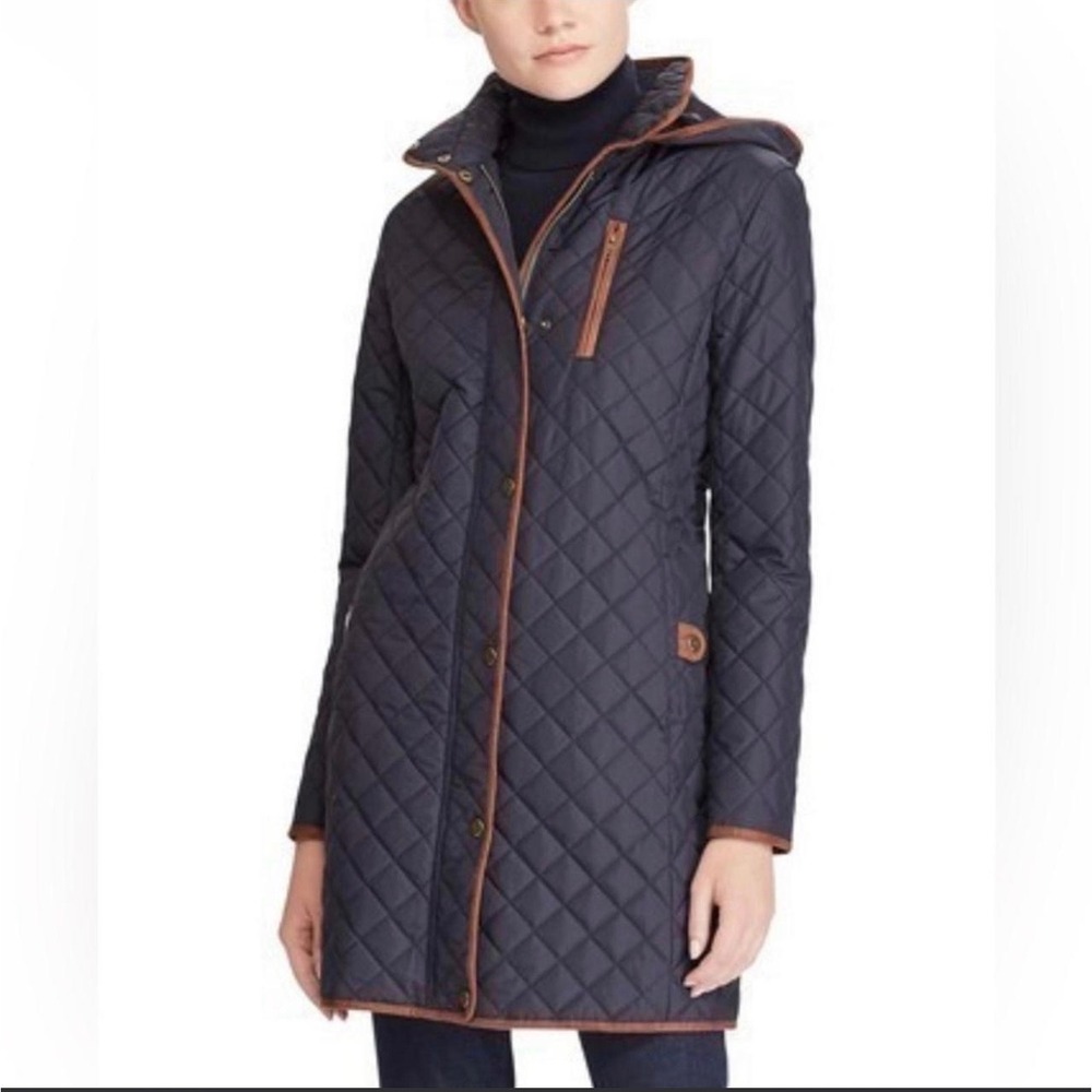 Ralph Lauren Equestrian Navy Quilted Hooded Coat Faux Leather Trim‎ Womens M